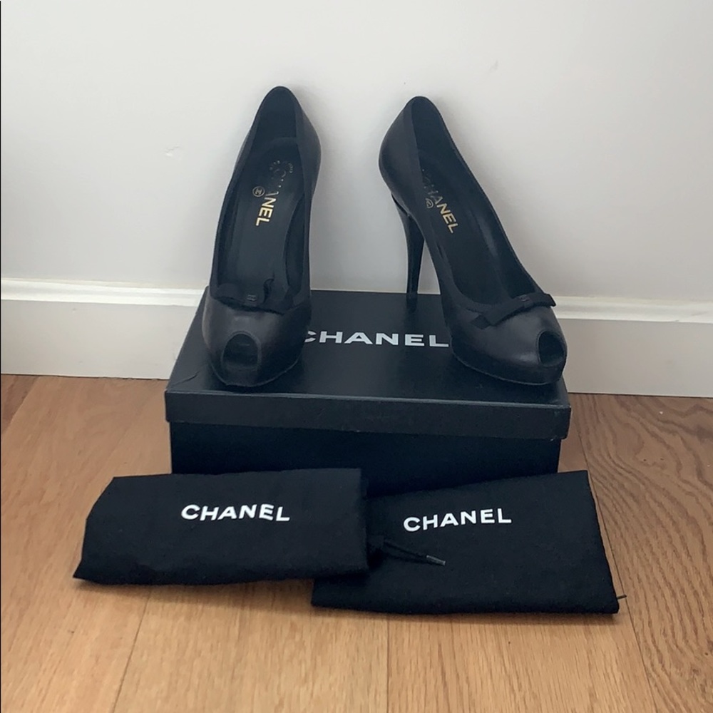Chanel Grosgrain Bow Peep Toe Heels black